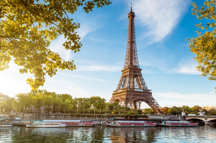 paris, eiffel, tower, summer, view, river, tree, travel, sun, sunset, scene, water, landmark, tourism, france, seine, sunrise, european, urban, symbol,