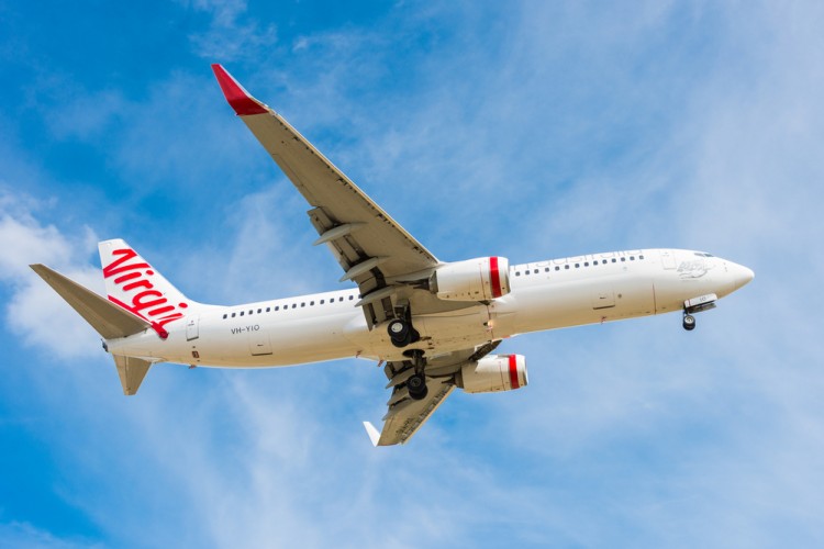 virgin, australia, blue, mode, travel, mid-air, 737, business, locations, jet, people, vehicle, tasmania, transport, airplane, hobart, outdoors, transportation, tourism, airport,