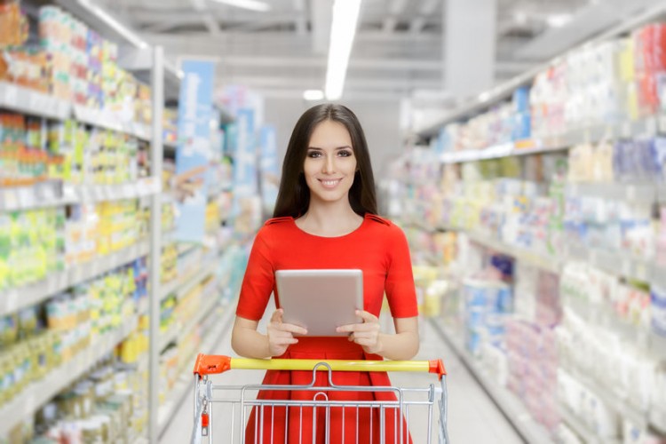 Girl shopping, Girl in supermbarket, girl with shopping cart